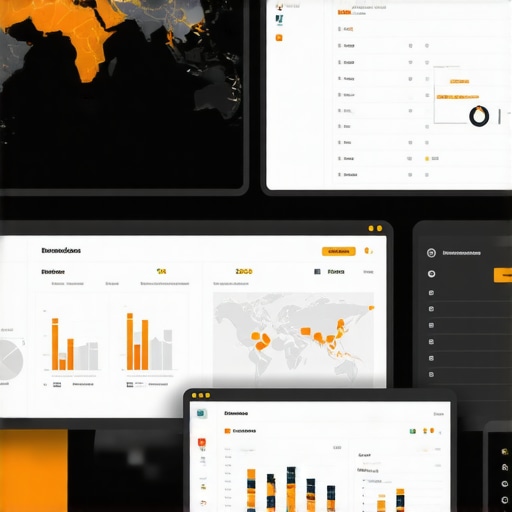 Workspace with maps analytics and SEO software displayed on multiple monitors